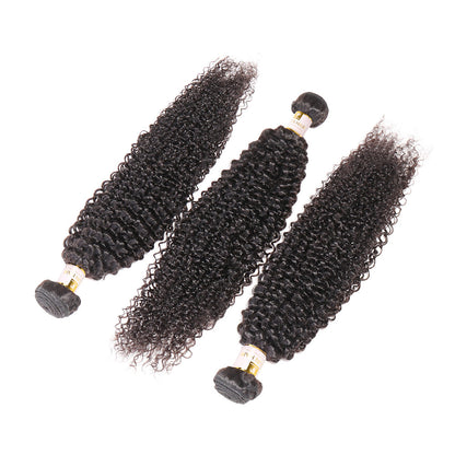 100% Unprocessed Peruvian Hair Kinky Curly 3 Bundles with 4x4 Closure Curly Weft Extensions Weaves Natural Black