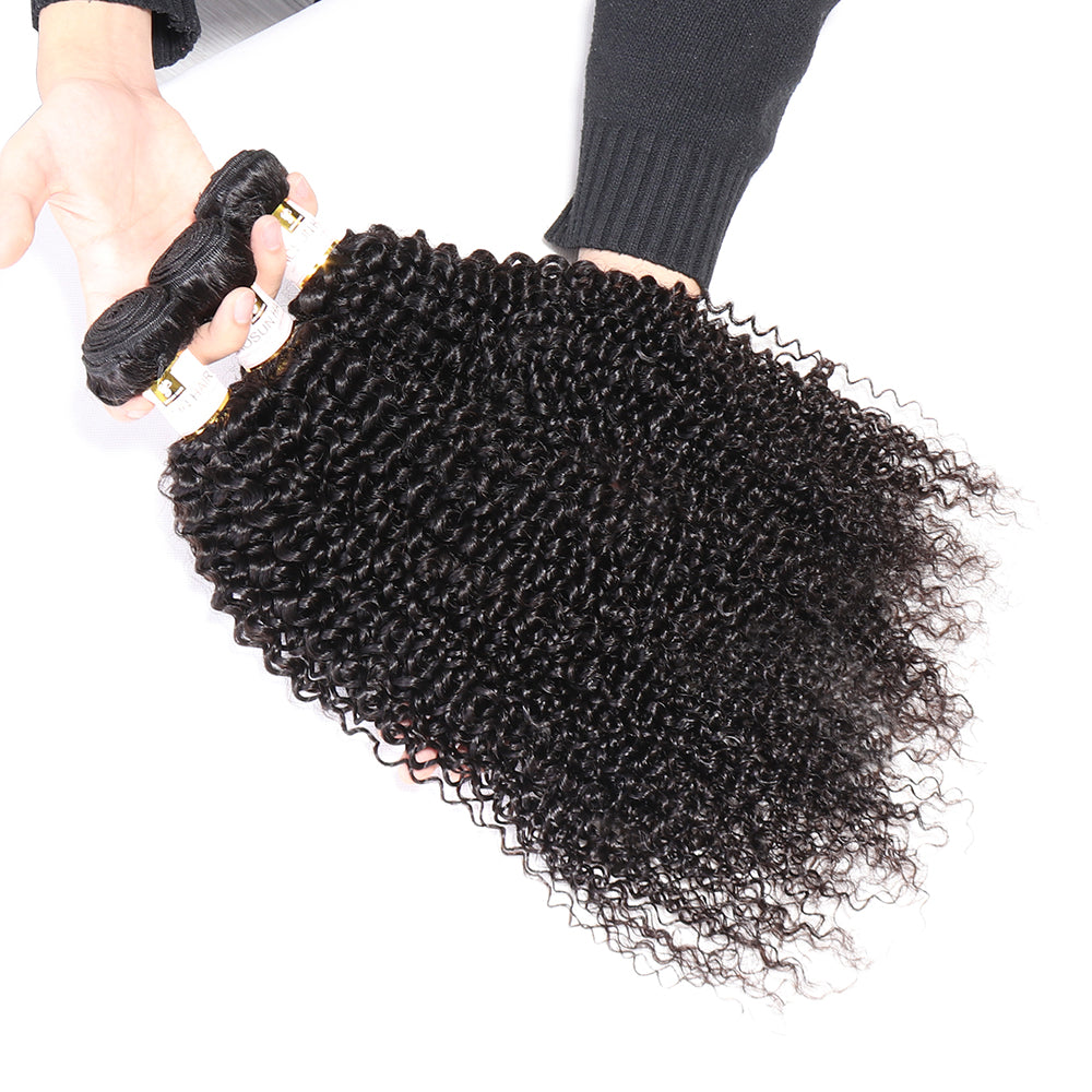 100% Unprocessed Peruvian Hair Kinky Curly 3 Bundles with 4x4 Closure Curly Weft Extensions Weaves Natural Black