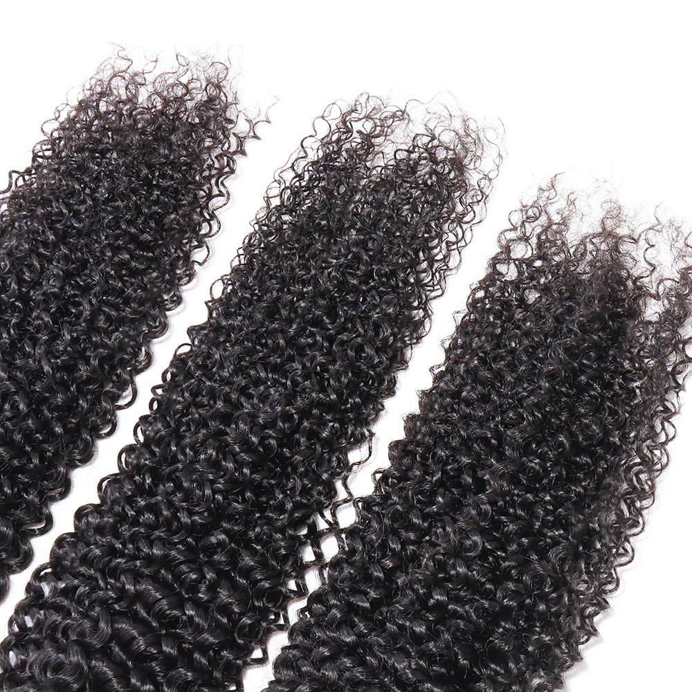 100% Unprocessed Peruvian Hair Kinky Curly 3 Bundles with 4x4 Closure Curly Weft Extensions Weaves Natural Black